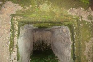 巨岩をくり抜いた石棺式石室を奥まで覗く。九州唯一の古宮古墳は大分君恵尺の墓とも言われる
